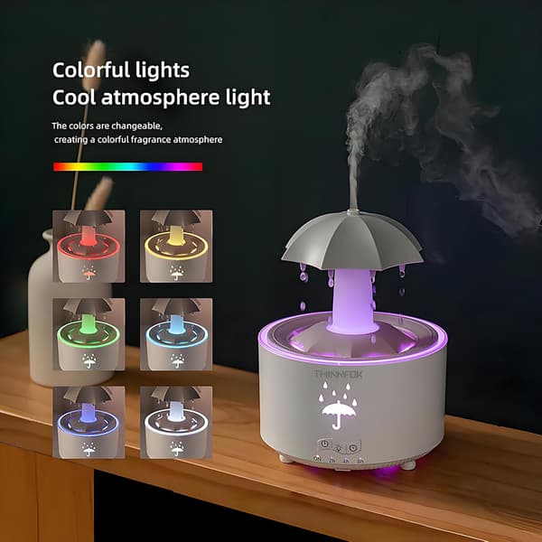 Luftfuktere for soverom, aromaterapi eteriske oljer diffuser | 7 farger pustende LED-lys, roterende paraply regndråper, 12 timer med kontinuerlig tåke