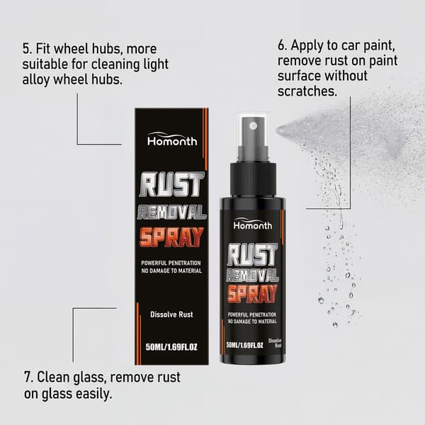 Rustfjernelsesspray til bilkarosseri og fælge, rengøring og glansgenoprettelse, rustforebyggelse af metal og daglig vedligeholdelse.