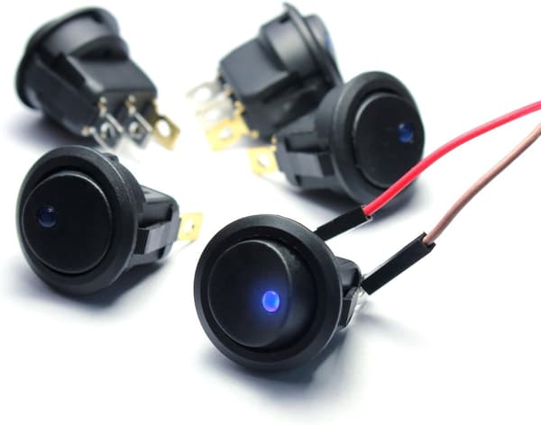 LED-pyöreät keinukytkimet - sininen valo, ON-OFF, 20A 12V DC (5 kpl pakkaus)