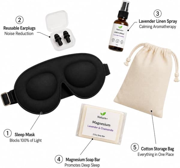 Søvngavesæt til kvinder og mænd – 5-delt søvn-essentials-sæt med 3D-søvnmaske, ørepropper, lavendel-linnedsspray, magnesiumsæbe og bomuldsgavepose | Velvære