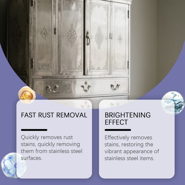 Rengjøringsmiddel og rustfjerner for rustfritt stål til gasskomfyrer, ventilatorer og kokekar.
