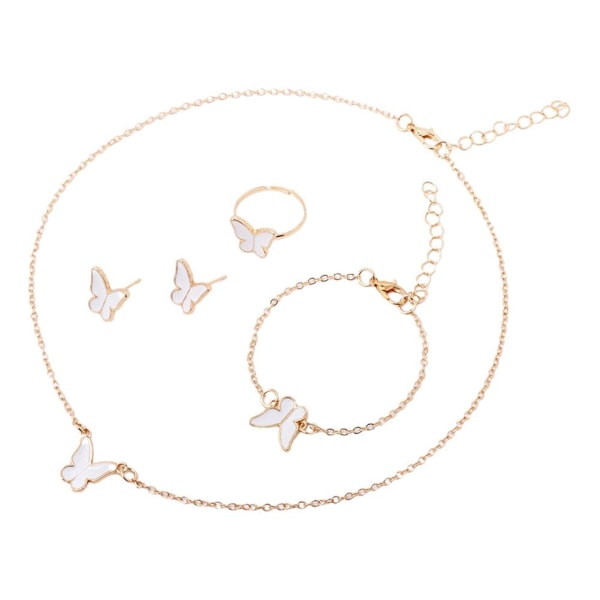 Mode Fjärils Smycken Fyra-Delar Set Ring Örhänge Halsband Pink One size