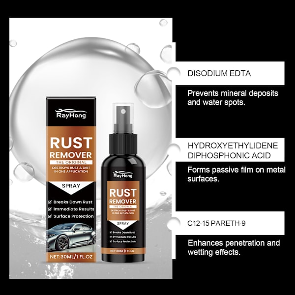 Bilrustfjerner, skånsomt rengøringsmiddel, fjerner rust og glans, bilrustrens