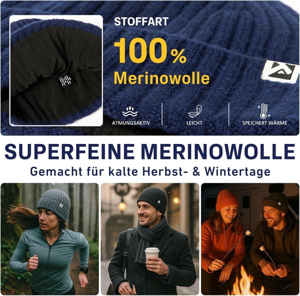 Unisex plus-size 100 % merinoull vintermössa med fleecefoder, vattentät stickad mössa