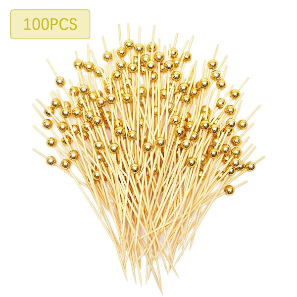 Cocktailpinnar med guldpärla, bambu aptitretare tandpetare J4W0 UK-lager. goldA 100pcs
