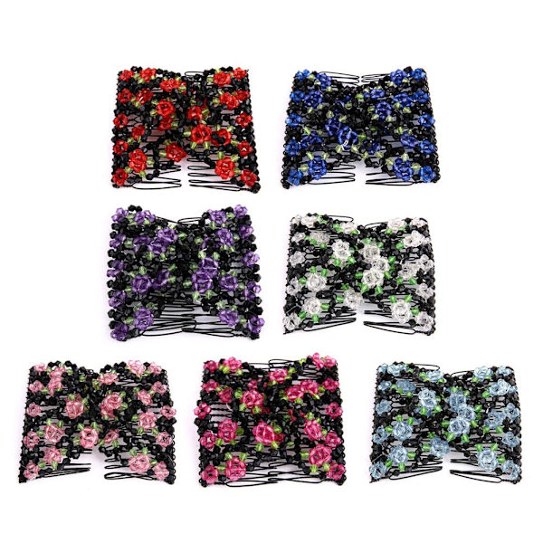 Hårkam Elastiska Pärlstavs Hårspännen med Blomma för Kvinnor Flickor, Hårknut Stretchande Sidoklämmor Enkla Hårkamsmakare, Pink One size