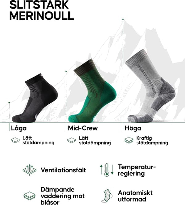 Dansk utholdenhetsturstrømpesett, merinoull, unisex, 3 par, grå, størrelser 43-47