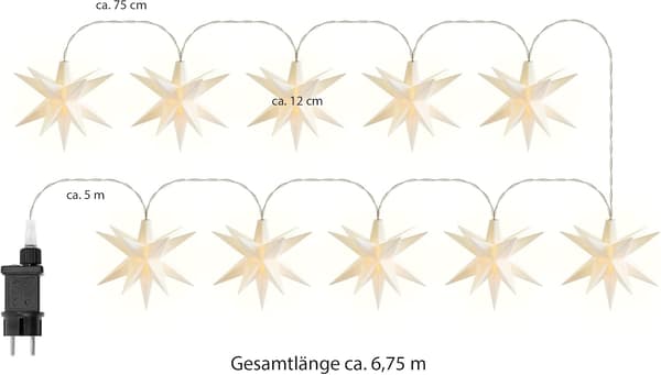 3D stjernelyskæde, med 10 LED-stjerner, ca. 6,75 m strømkabel til indendørs og udendørs brug, varm hvid belysning, timerfunktion (hvid, 10 stjerner)