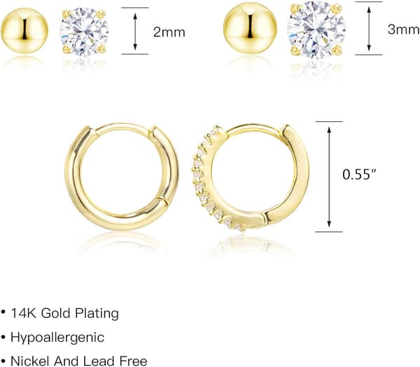 6 par guldøreringe: Huggie Hoops & Zirconia Studs