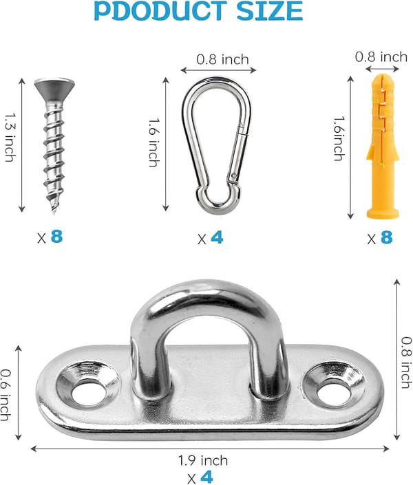 4 øyeplater i rustfritt stål + 4 karabinkroker - metallstift