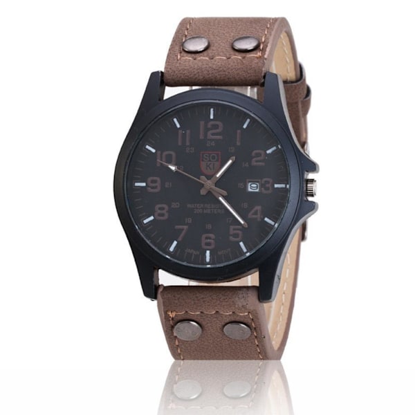 Herrar Militär Läder Datum Kvarts Analog Armé Casual Klänning Wrist khaki D