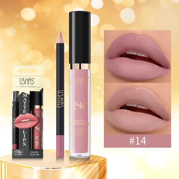 Gold Series Lipgloss + Læbeblyant Sæt, Mat Læbestift & Lipgloss CS386A+B