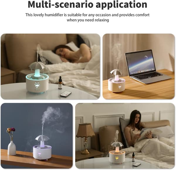 Luftfuktere for soverom, aromaterapi eteriske oljer diffuser | 7 farger pustende LED-lys, roterende paraply regndråper, 12 timer med kontinuerlig tåke
