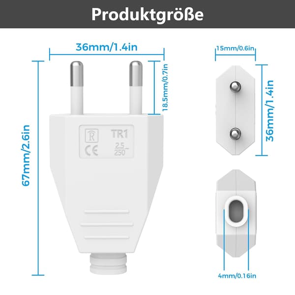 Europlugg flat 2 stk hvite plugger Europeisk flatplugg strømplugg Schuko-plugg Europeisk plugg (250 V 2,5 A)