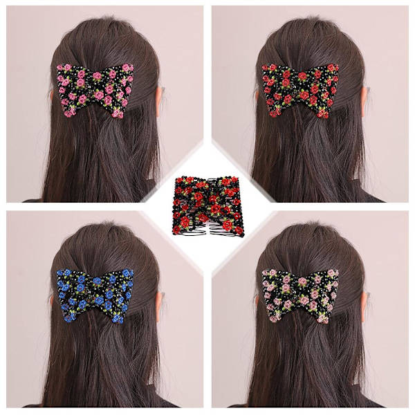 Hårkam Elastiska Pärlstavs Hårspännen med Blomma för Kvinnor Flickor, Hårknut Stretchande Sidoklämmor Enkla Hårkamsmakare, Red One size