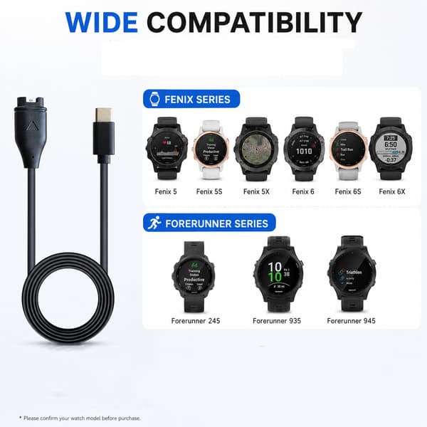 USB-C Smartwatch opladerkabel Sort Garmin Fenix 5 / 5X / 5S / 6 / 6X / 6S Sort