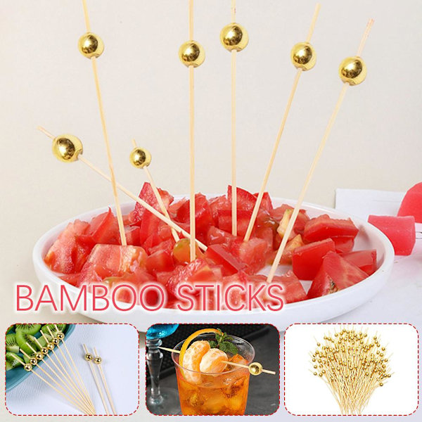 Cocktailpinnar med guldpärla, bambu aptitretare tandpetare J4W0 UK-lager. goldB 25pcs