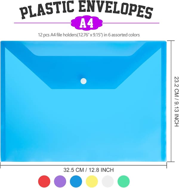12-pakning plastkonvolutter, polykonvolutter - A4 klare filposer