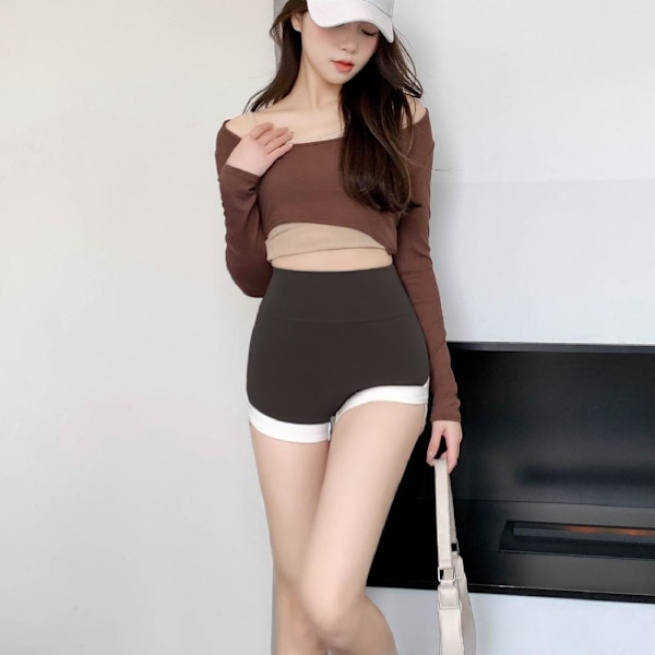 Fitnessbyxor Sport Yoga Shorts Hög Midja Tvåfärgade Sport Brown M