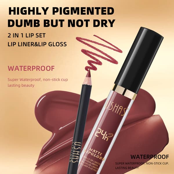 Gold Series Lipgloss + Læbeblyant Sæt, Mat Læbestift & Lipgloss CS386A+B