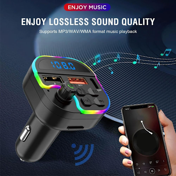 Bil Bluetooth 5.0 FM-sändare PD Type-C Dubbel USB 3.1A Snabbladdare