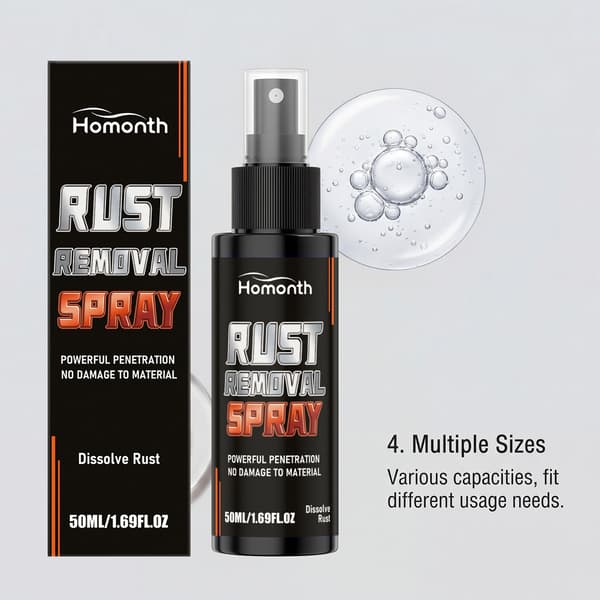 Rustfjernelsesspray til bilkarosseri og fælge, rengøring og glansgenoprettelse, rustforebyggelse af metal og daglig vedligeholdelse.