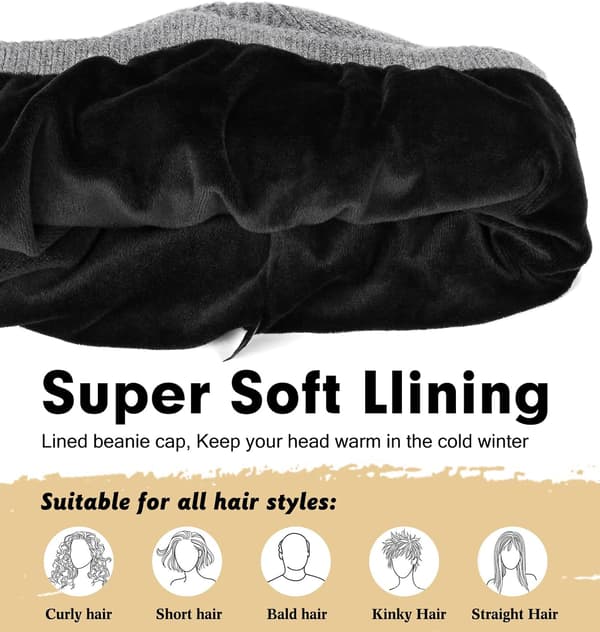 Unisex vinterstickad mössa, fleecefoder, mjuk och varm, skidmössa med mudd.