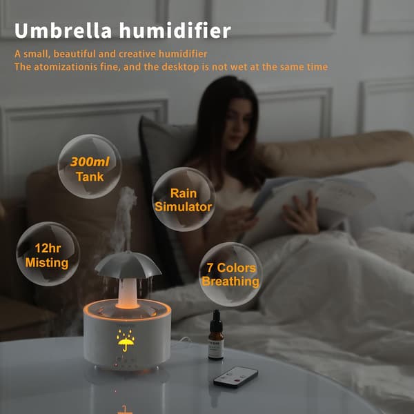 Luftfuktere for soverom, aromaterapi eteriske oljer diffuser | 7 farger pustende LED-lys, roterende paraply regndråper, 12 timer med kontinuerlig tåke