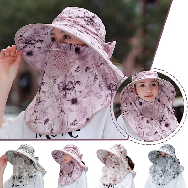 Chiffong Landskap Andningsbar Ansiktssköld Solhatt med Stor Brätte Beige One size