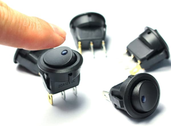 LED runda vippströmbrytare - blått ljus, ON-OFF, 20A 12V DC (5-pack)