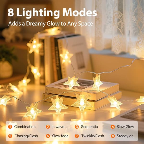 Oppladbare stjernelys, 5,2 m 50 LED-stjernefeelys batteridrevet med 8 moduser og timer, blinkende julelys for soveromstelt veranda
