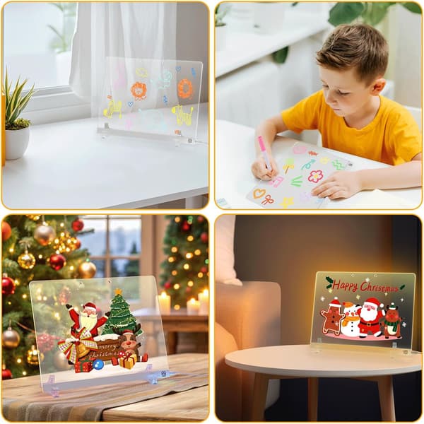Doodle Glow Note Board 13.7\"X10\" – Lysende akryl tørr-slette meldingstegning med 7 farger, dynamiske moduser, 7 penner, usynlige stativer, opphengsett –