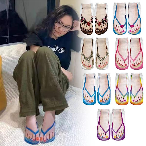 Söta 3D-tryckta strumpor med fotavtryck för kvinnor, Kawaii låga ankelstrumpor för damer, bomullsstrumpor, roliga och kreativa vardagsstrumpor, flip-flop-strumpor B One Size