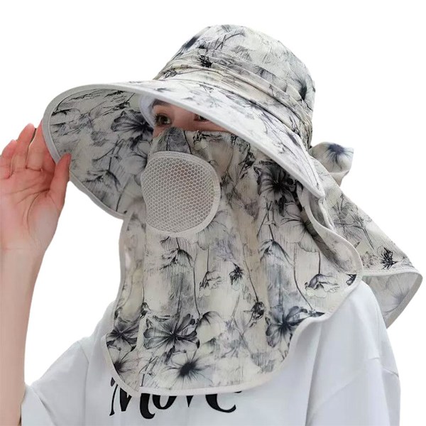 Chiffong Landskap Andningsbar Ansiktssköld Solhatt med Stor Brätte Gray One size