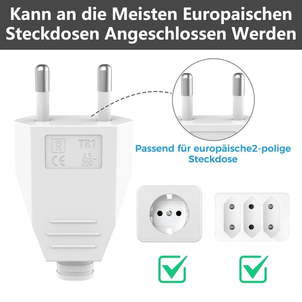 Europlugg flat 2 stk hvite plugger Europeisk flatplugg strømplugg Schuko-plugg Europeisk plugg (250 V 2,5 A)