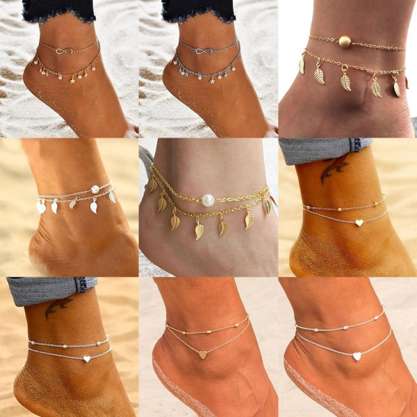 NYTT Löv & Hjärta Anklet Fotkedja Boho Strand Pärlor Silver E One size