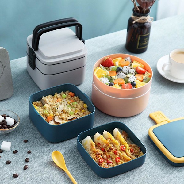 Lunchbox med dubbla lager, bärbar mikrovågsugnslåda, picknicklåda, fruktlåda Light gray square 1set