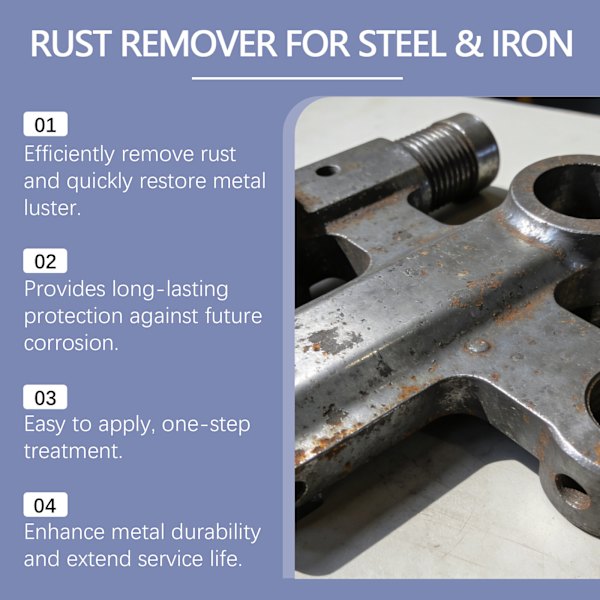 Rustfjerner til stål og rustfrit stål, rustfjernings- og plejemiddel til hardware og stål.