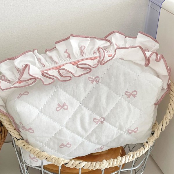 Söt Kosmetikväska, Quiltat Rosett Sminkväska Set, Reseväska Pink S
