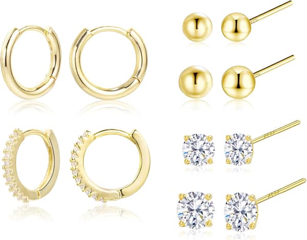6 par guldøreringe: Huggie Hoops & Zirconia Studs