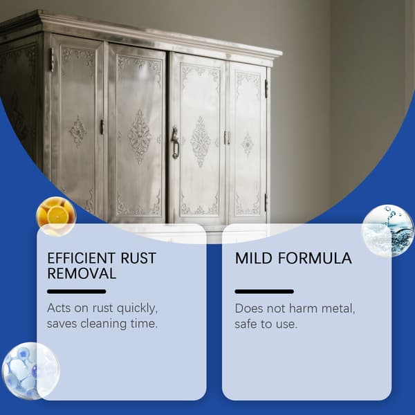 Metalrustfjerner opløser rust på metaloverflader og efterlader dem rene og skinnende. Multifunktionelt rengørings- og rustfjernelsesmiddel.
