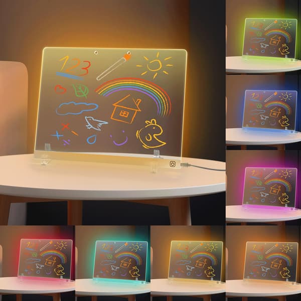 Doodle Glow Note Board 13.7\"X10\" – Lysende akryl tørr-slette meldingstegning med 7 farger, dynamiske moduser, 7 penner, usynlige stativer, opphengsett –