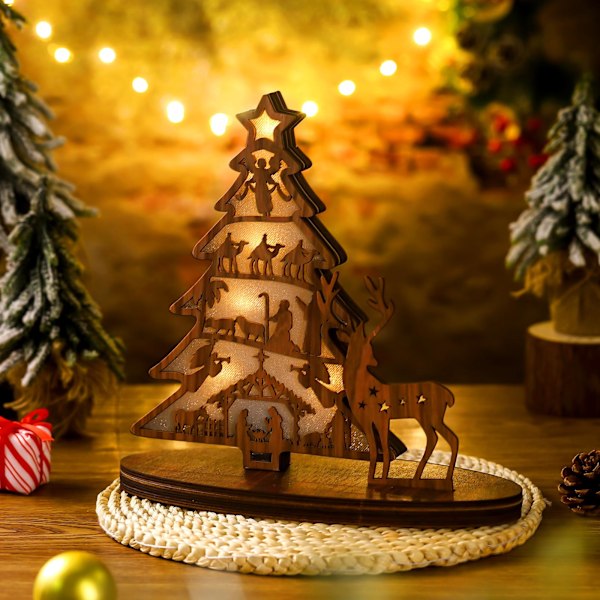 LED Julekrybbe Bordplade Træ Juletræ Krybbe Scene Lys Op Bord Ornament Sæt Elg til Jul Hjem Dekorationer Gaver