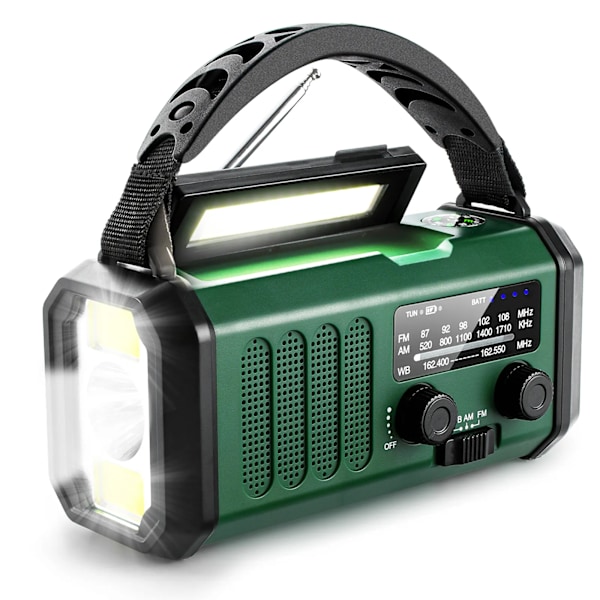 10000mAh Kurvradio, Nødradio, Solradio, NOAA/AM/FM Vejrradio, USB Type-C Opladning, Dynamo Radio, Lommelygte & LED Læselampe