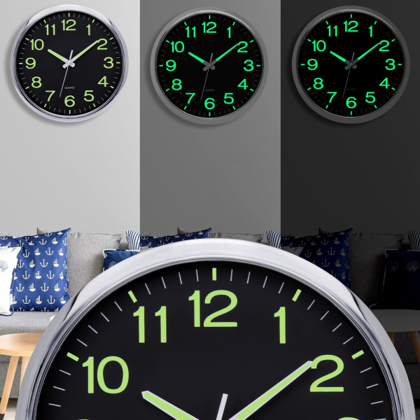 12 tommers Glow in The Dark Veggklokker Batteridrevet Nattlys Store veggklokker Silent Clock silver