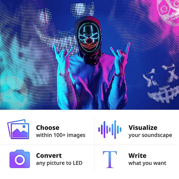 Led Cosplay-mask med programmerbar upplyst ansiktstransformerande mask Uppladdningsbar appkontrollerad props hallowee-fest Bluetooth mask Kids-1200AH Charge