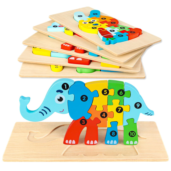 8 st-Barnblocksleksak Tecknad trä 3D-bräda Djurnummerblockspussel
