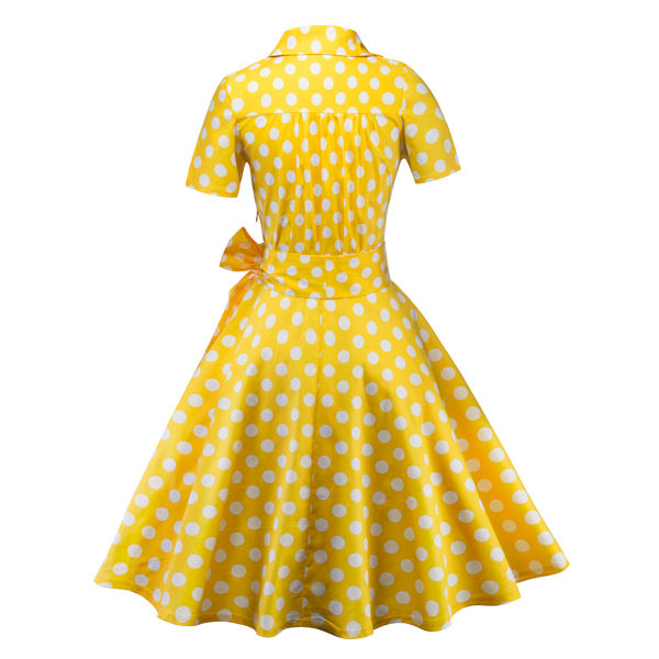Vintage V-kaula-aukko Bohemian Bubble Skirt Dot Big Peplum -mekko Yellow XXL