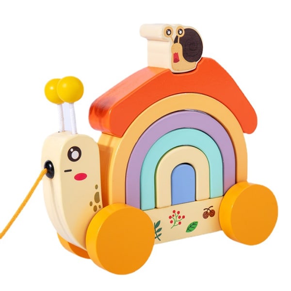 Trekkleke med tresnegl, trekkleketøy for småbarn å gå, regnbuestabler for snegle med hjul