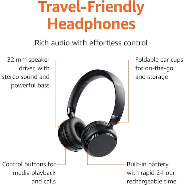 Svarta trådlösa Bluetooth On Ear-hörlurar med mikrofon, hopfällbara